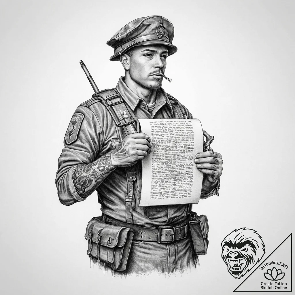 Tattoo sketch soldier with a scroll, tattoo l... - tattoo sketch (№1760240473_0, 12.10.2025 03:41) — tattoovalue.net