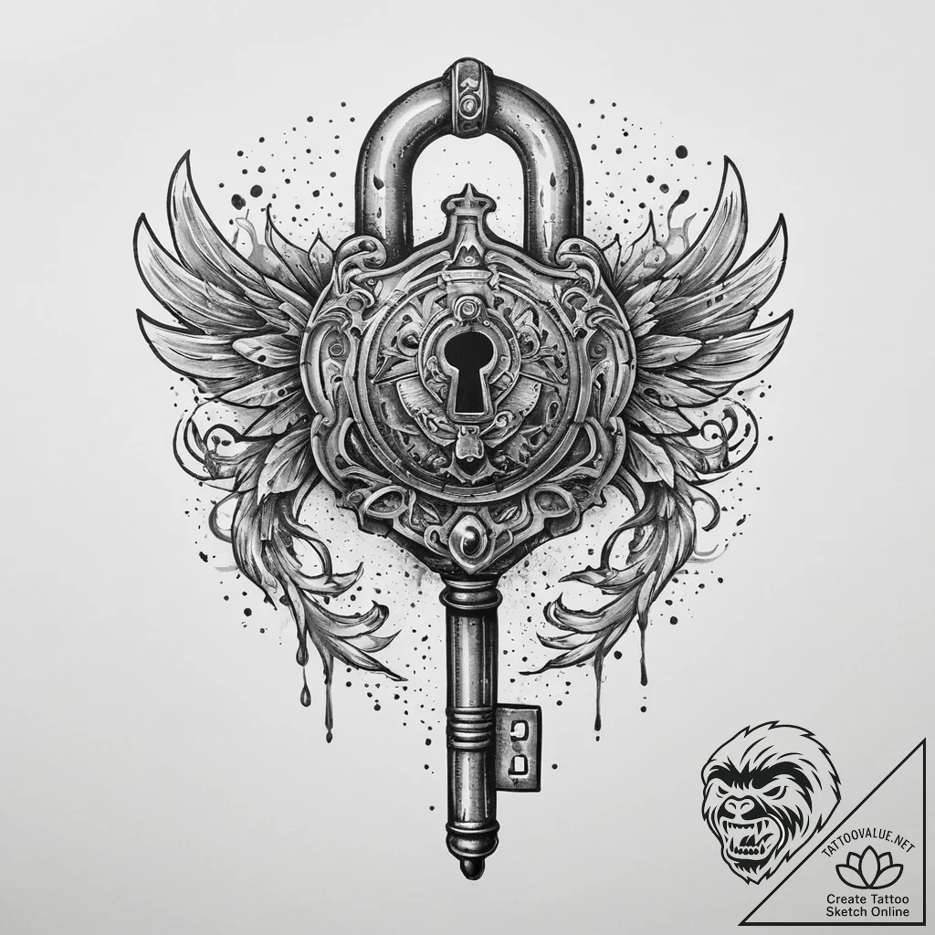 Tattoo sketch old key with a lock, ink illust... - tattoo sketch (№1760242109_0, 12.10.2025 04:08) — tattoovalue.net