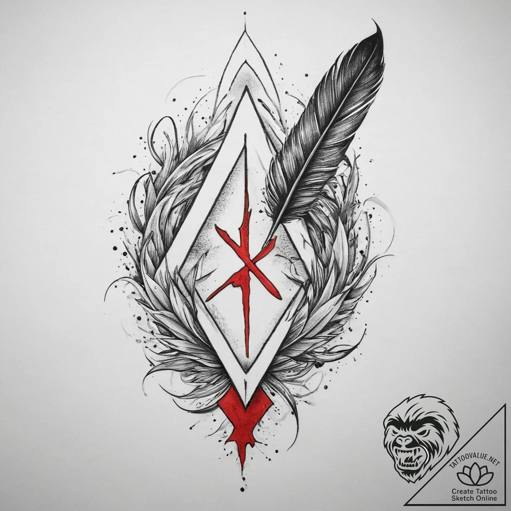 Tattoo sketch sowilo rune with a feather, ink... - tattoo sketch (№1760253250_0, 12.10.2025 07:14) — tattoovalue.net