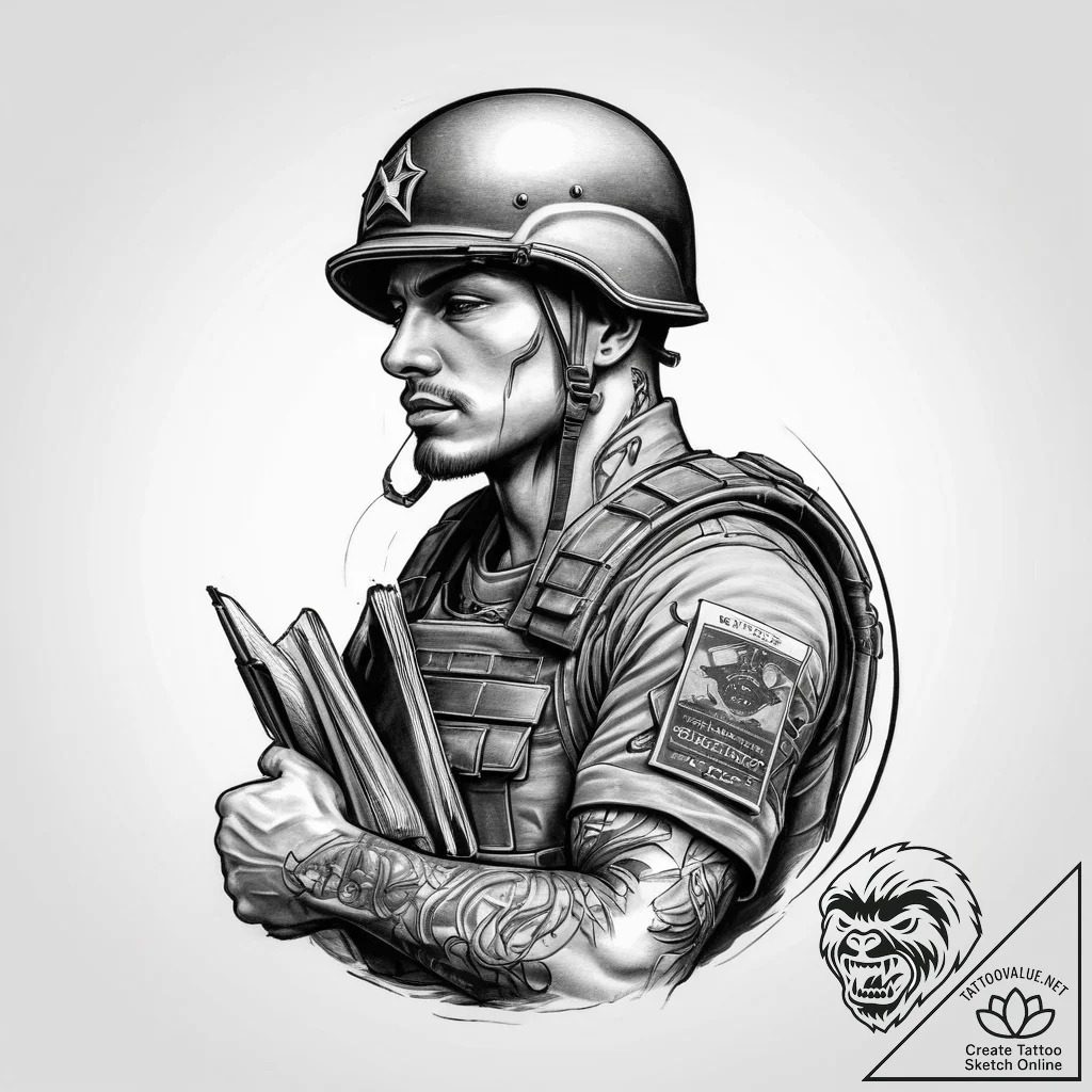 Tattoo sketch soldier with a book, ink illust... - tattoo sketch (№1760254128_0, 12.10.2025 07:28) — tattoovalue.net