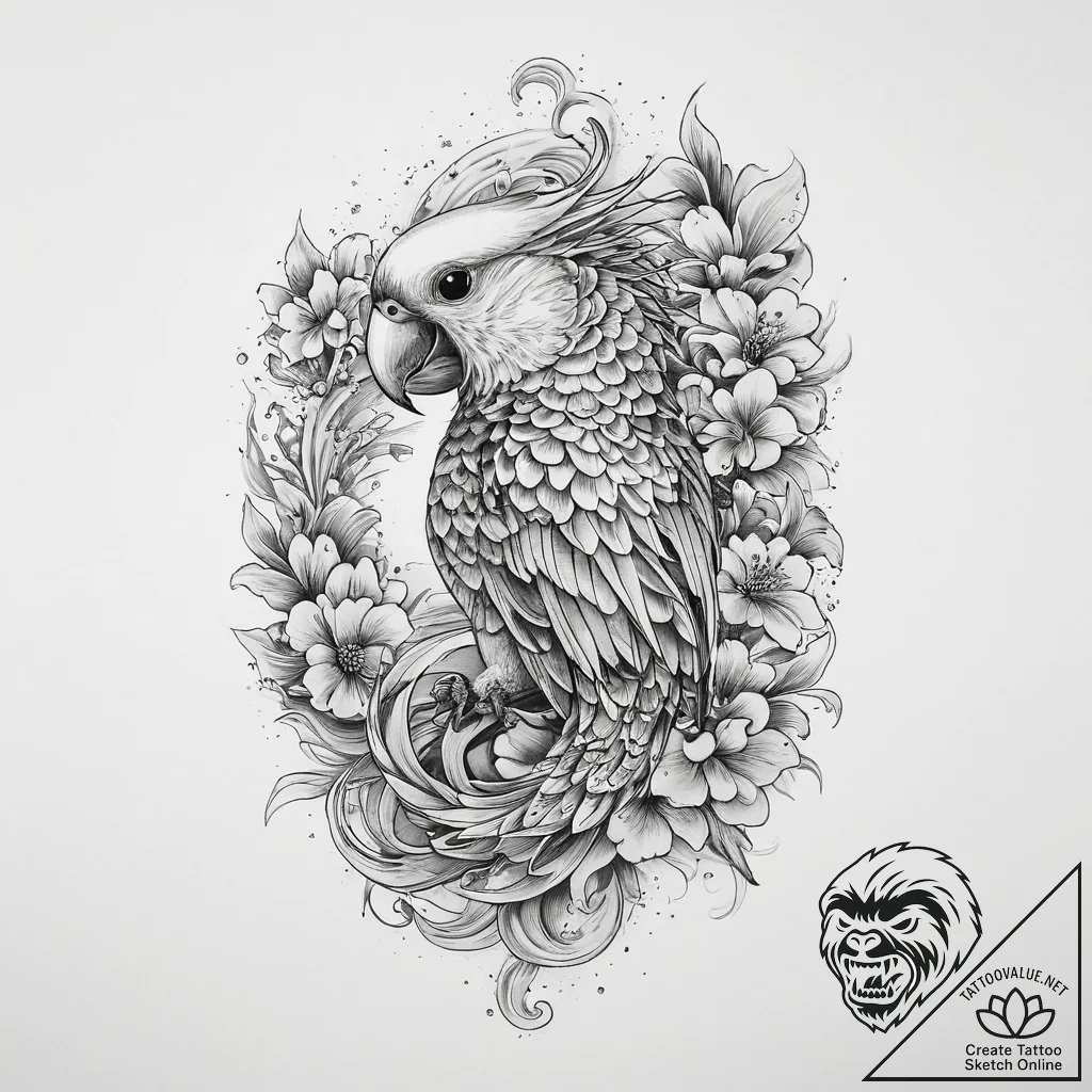 Tattoo sketch budgie, tattoo line art, soft w... - tattoo sketch (№1760257178_0, 12.10.2025 08:19) — tattoovalue.net