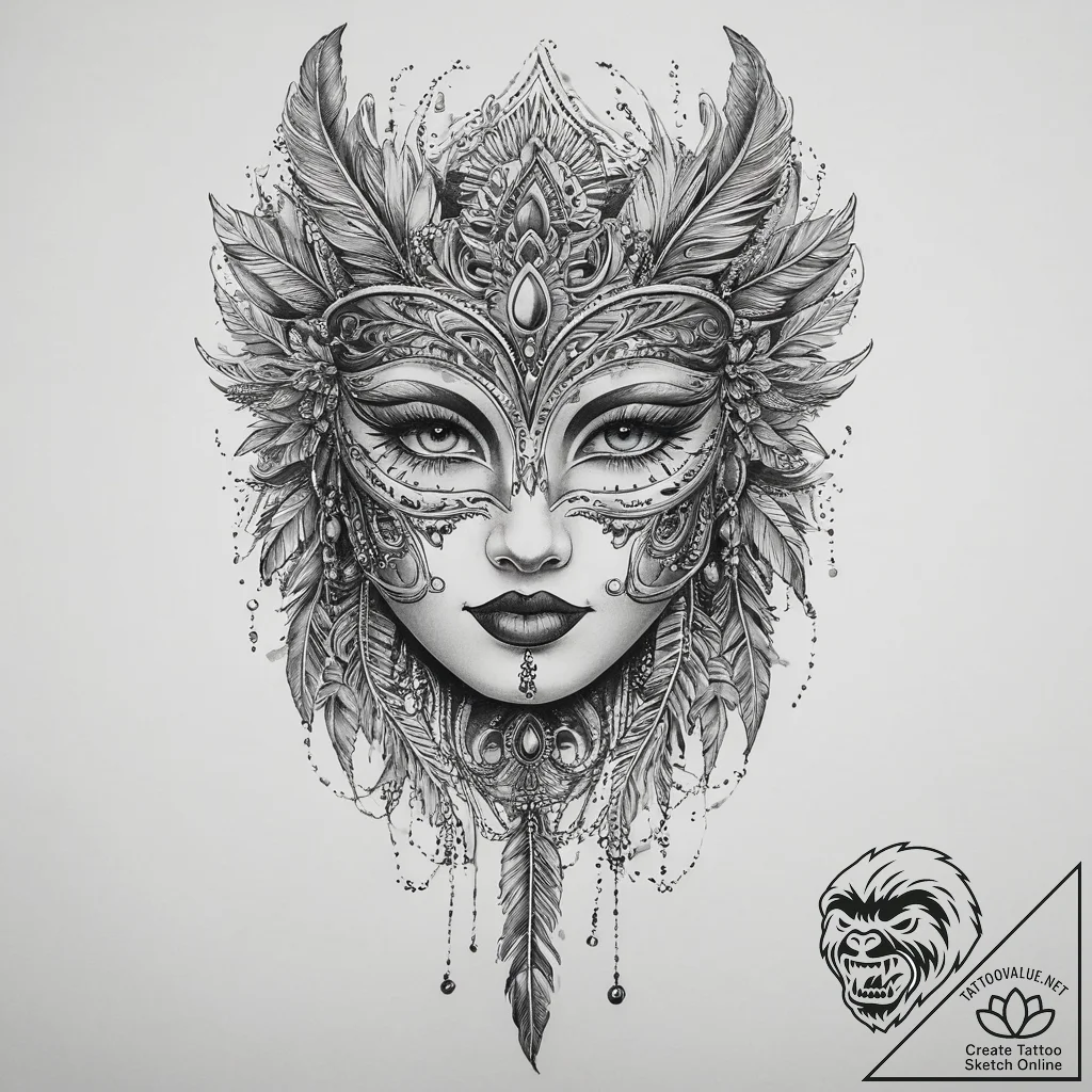 Tattoo sketch feathered mask tattoo, tattoo f... - tattoo sketch (№1760261073_0, 12.10.2025 09:24) — tattoovalue.net