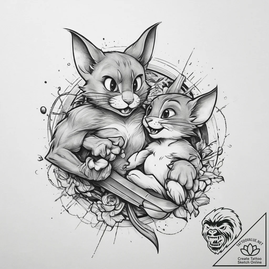 Tattoo sketch tom and jerry fighting scene, t... - tattoo sketch (№1760265404_0, 12.10.2025 10:36) — tattoovalue.net