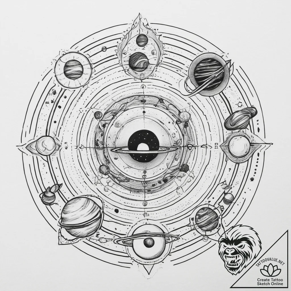 Tattoo sketch solar system, tattoo flash shee... - tattoo sketch (№1760269316_0, 12.10.2025 11:41) — tattoovalue.net