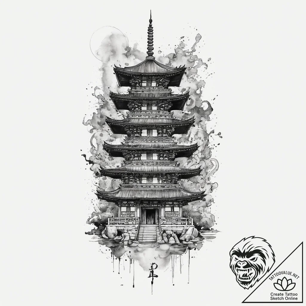 Tattoo sketch irezumi храм, artistic tattoo s... - tattoo sketch (№1760272775_0, 12.10.2025 12:39) — tattoovalue.net
