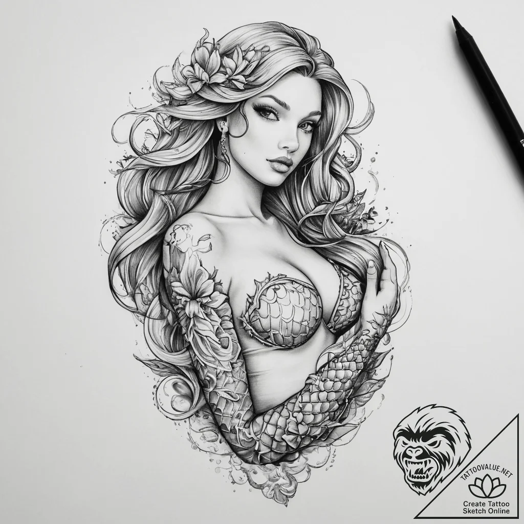 Tattoo sketch mermaid tattoo - tattoo sketch (№1760272992_0, 12.10.2025 12:43) — tattoovalue.net