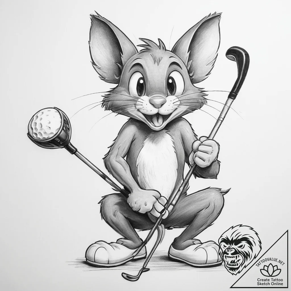 Tattoo sketch tom and jerry with a golf club - tattoo sketch (№1760279518_0, 12.10.2025 14:31) — tattoovalue.net