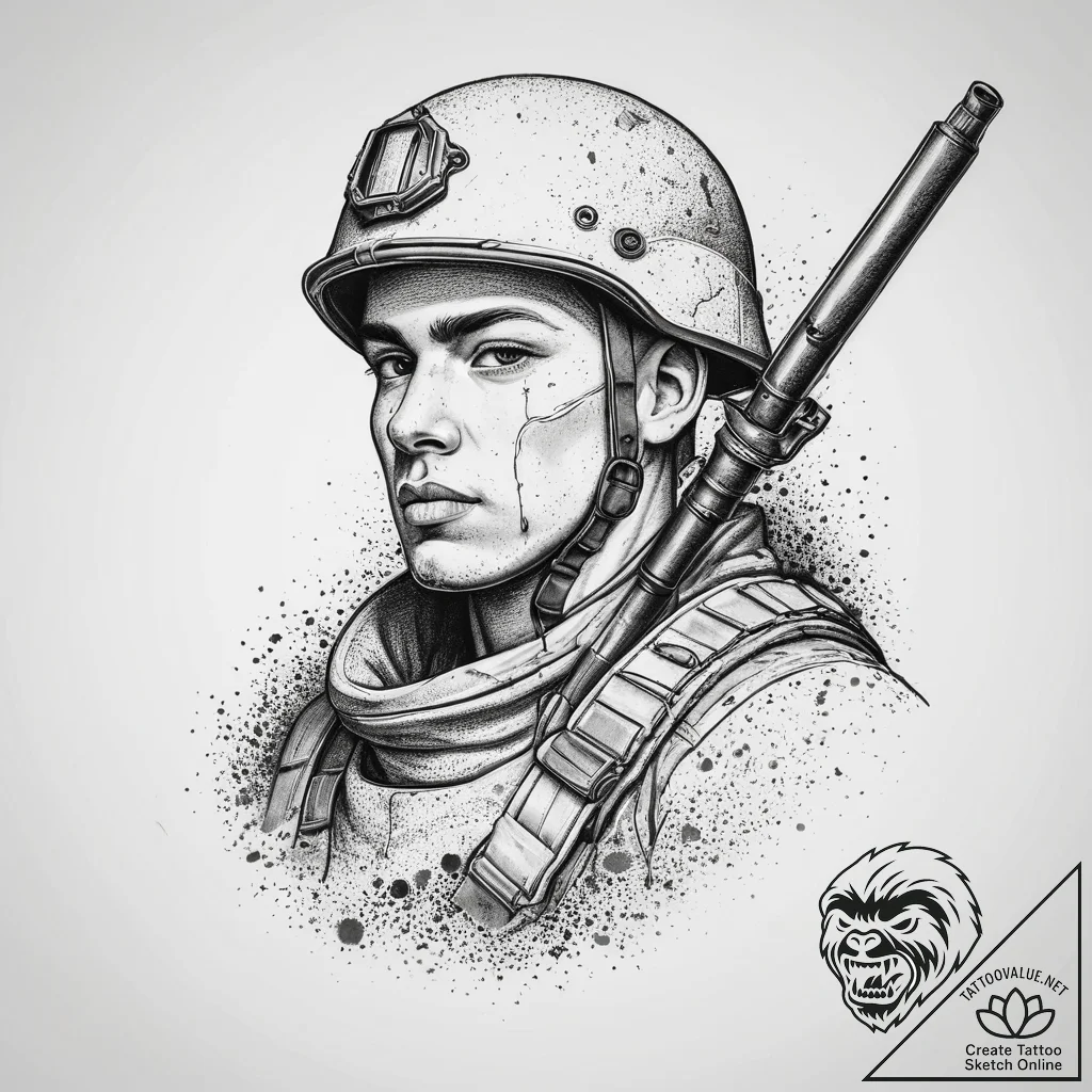 Tattoo sketch soldier with a pen, tattoo line... - tattoo sketch (№1760282556_0, 12.10.2025 15:22) — tattoovalue.net