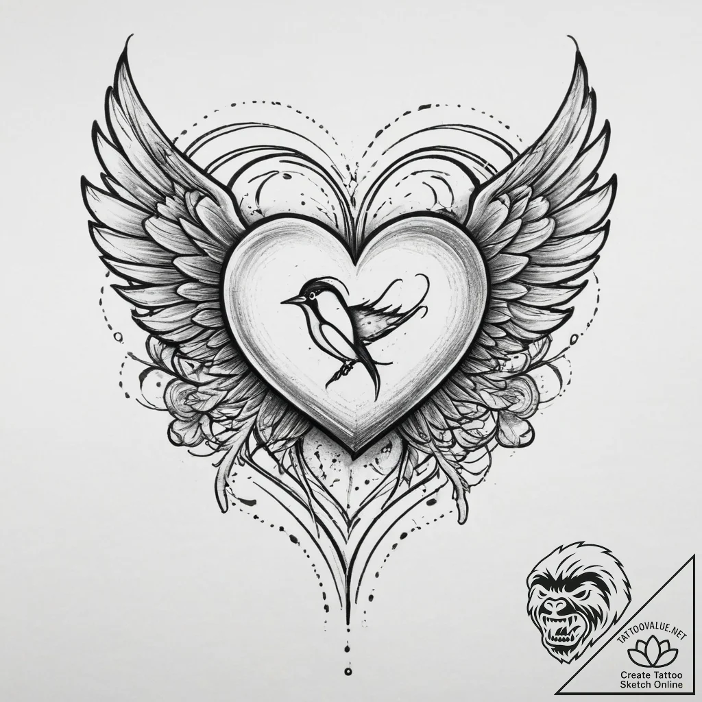 Tattoo sketch flying heart with a bird, tatto... - tattoo sketch (№1760282772_0, 12.10.2025 15:26) — tattoovalue.net