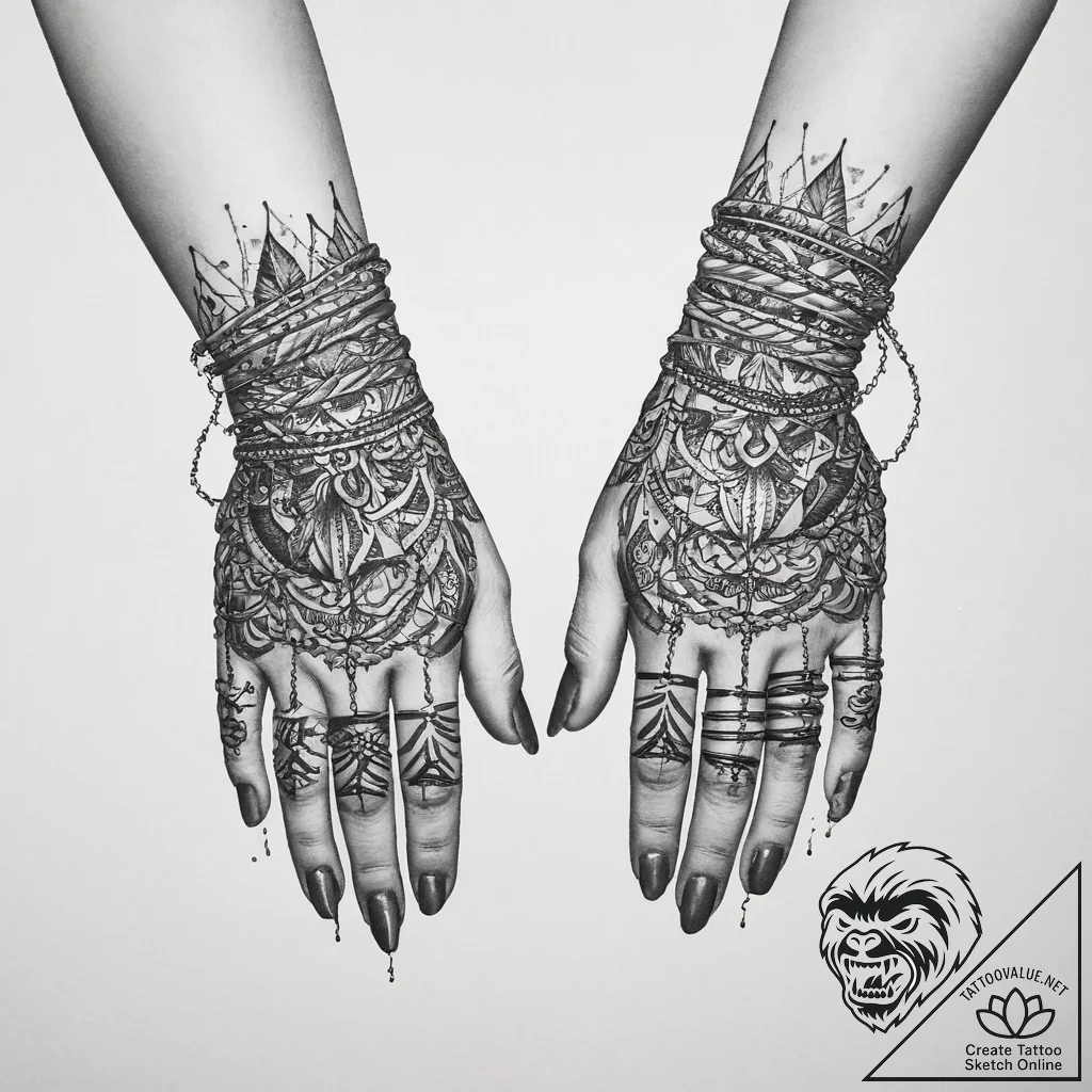 Tattoo sketch hands with a chain, ink illustr... - tattoo sketch (№1760291343_0, 12.10.2025 17:49) — tattoovalue.net
