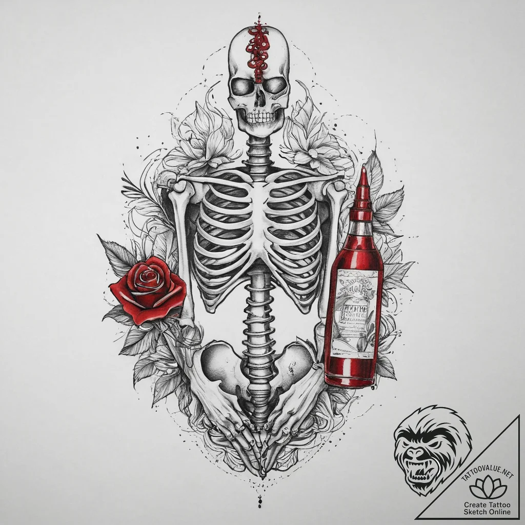 Tattoo sketch skeleton with a bottle, tattoo... - tattoo sketch (№1760293543_0, 12.10.2025 18:25) — tattoovalue.net