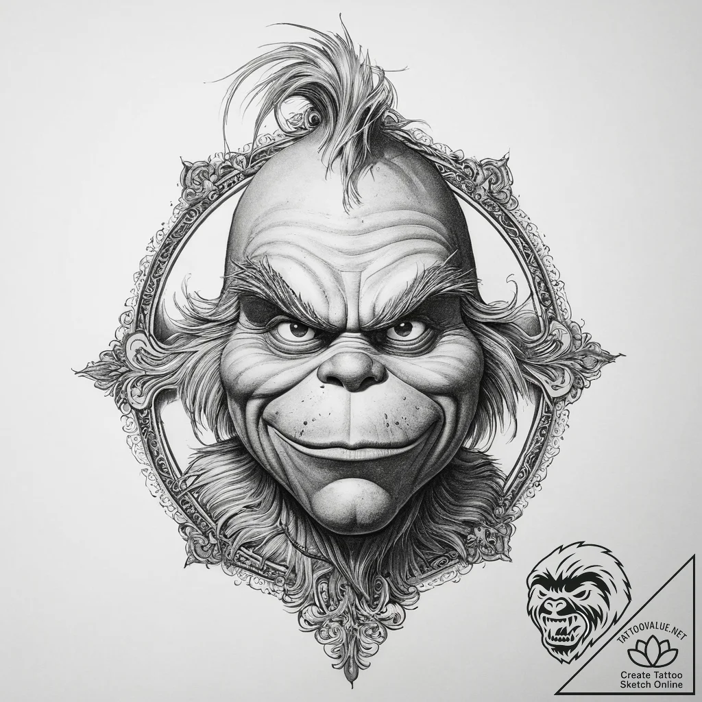 Tattoo sketch the grinch with a memorial, ink... - tattoo sketch (№1760294409_0, 12.10.2025 18:40) — tattoovalue.net