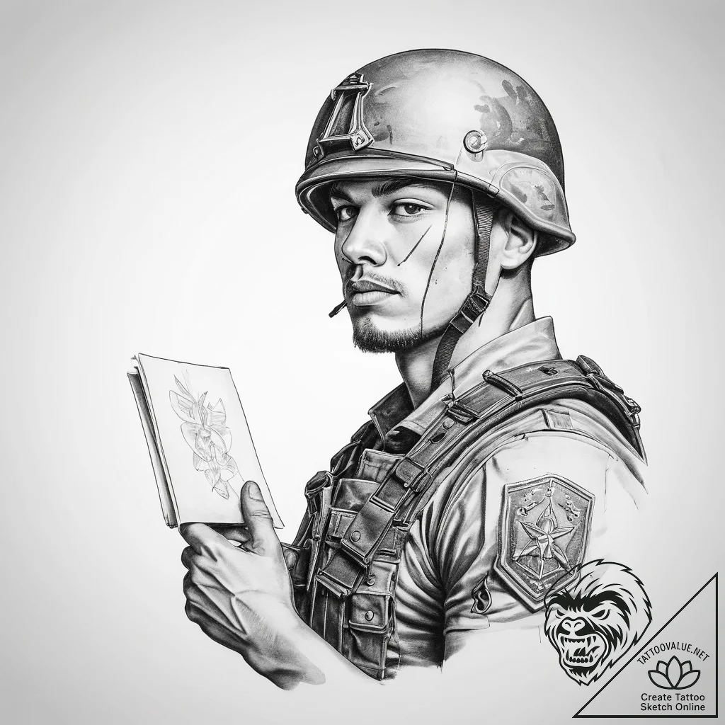Tattoo sketch soldier with a paper - tattoo sketch (№1760304669_0, 12.10.2025 21:31) — tattoovalue.net