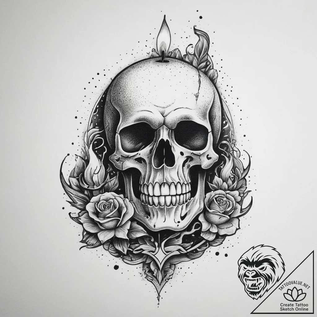 Tattoo sketch dark academia skull and a candl... - tattoo sketch (№1760314009_0, 13.10.2025 00:06) — tattoovalue.net