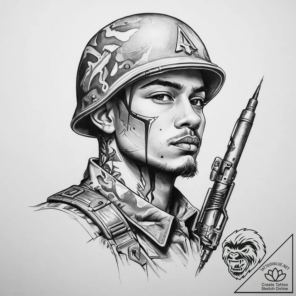 Tattoo sketch soldier with a pen, concept art... - tattoo sketch (№1760320107_0, 13.10.2025 01:48) — tattoovalue.net