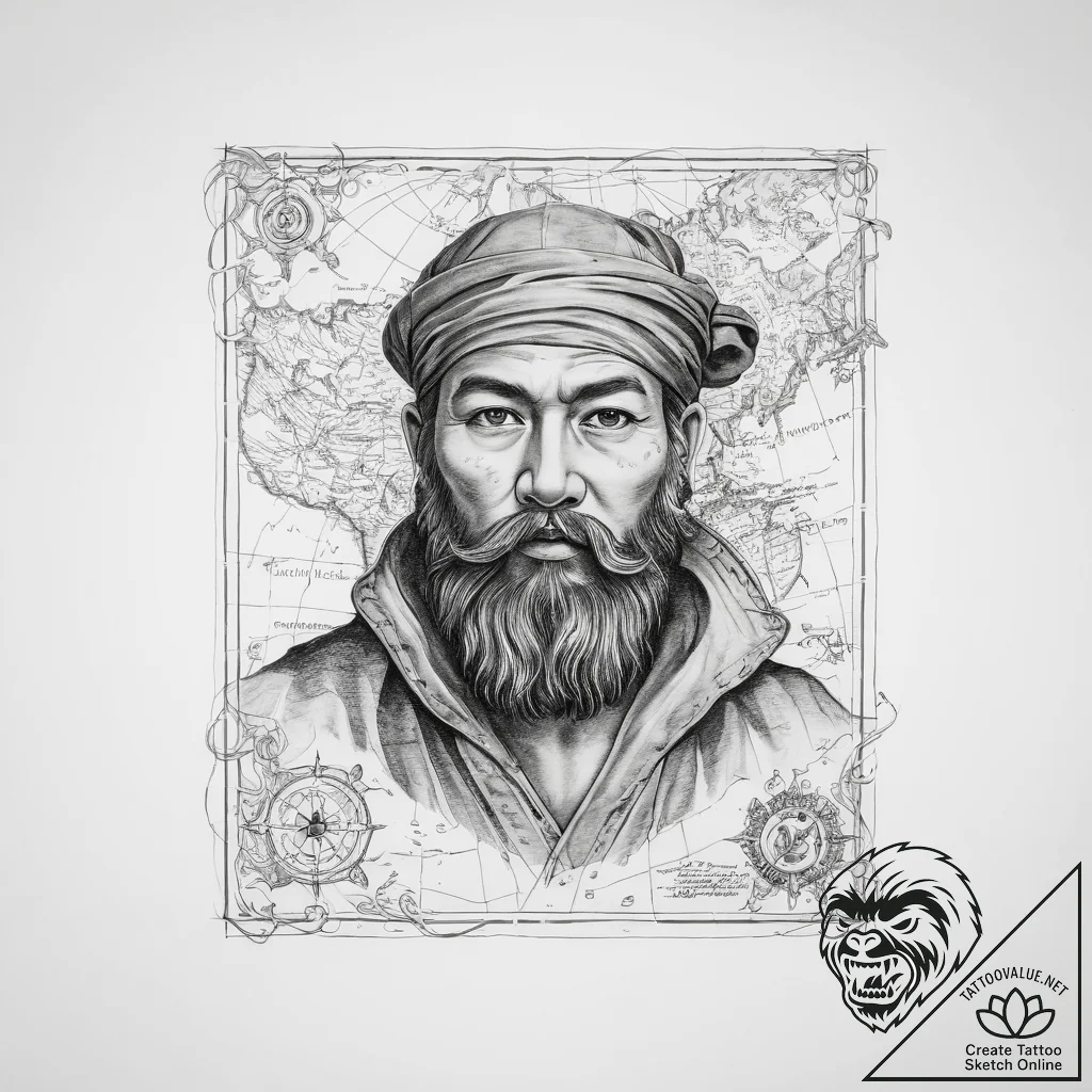 Tattoo sketch marco polo with a map - tattoo sketch (№1760328190_0, 13.10.2025 04:03) — tattoovalue.net