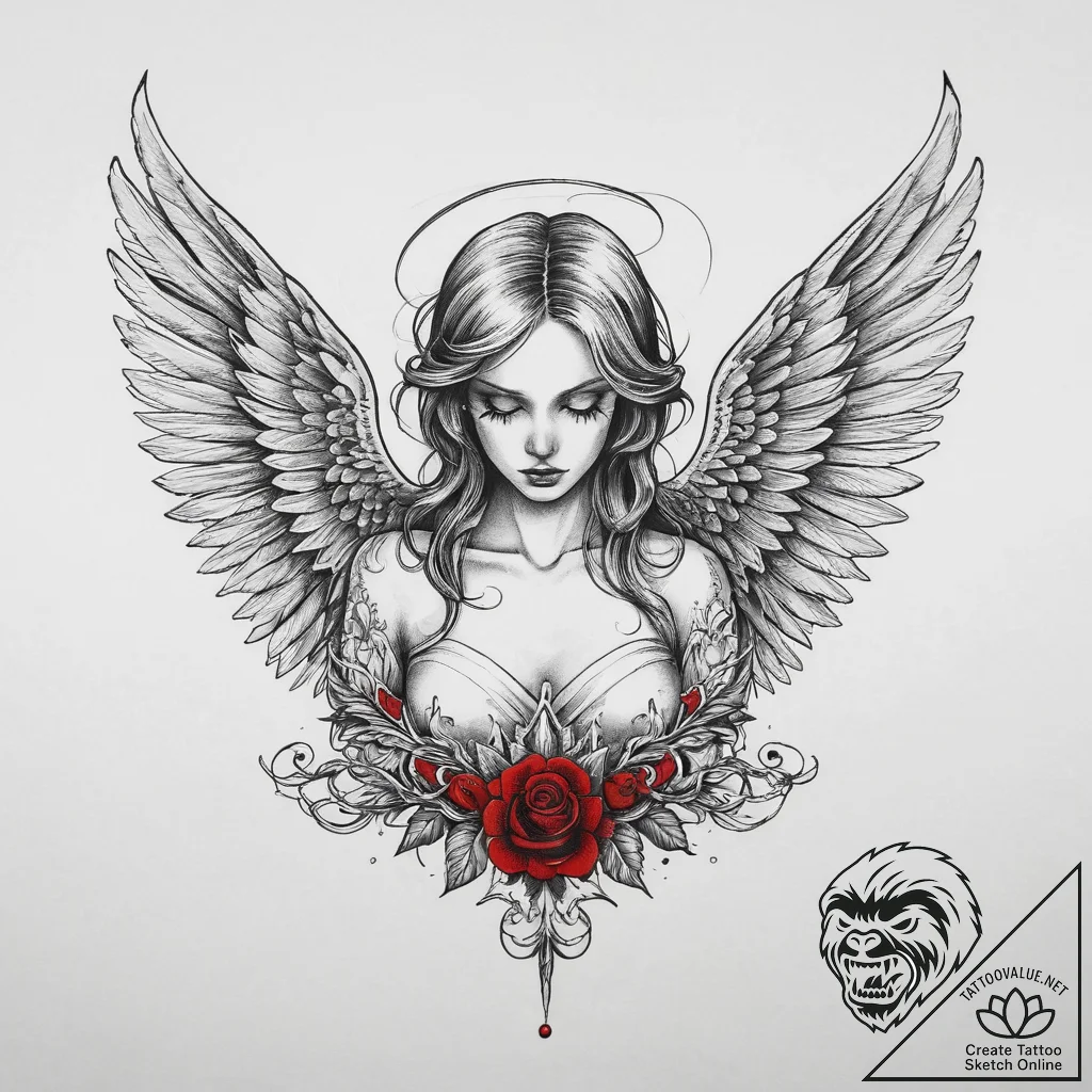Tattoo sketch angel with a skull, tattoo draw... - tattoo sketch (№1760330812_0, 13.10.2025 04:46) — tattoovalue.net