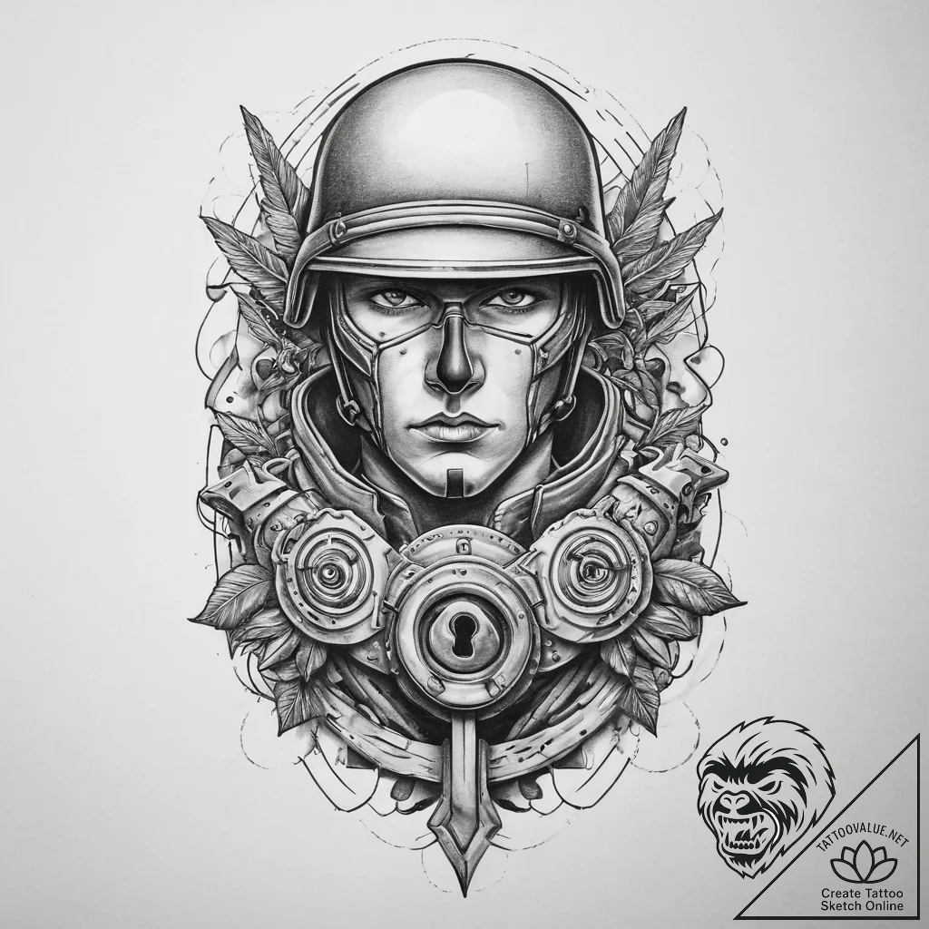 Tattoo sketch soldier with a lock, concept ar... - tattoo sketch (№1760336496_0, 13.10.2025 06:21) — tattoovalue.net