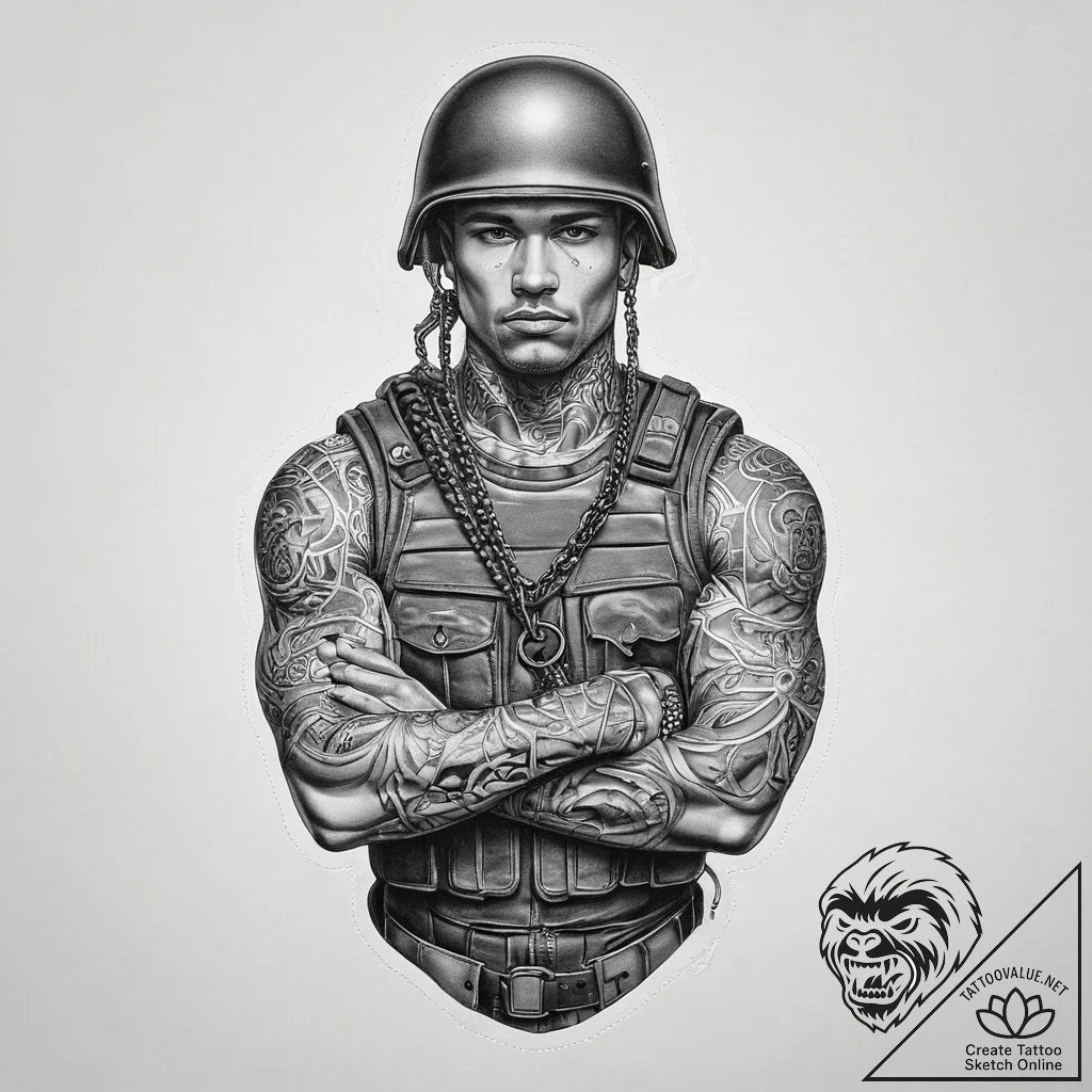 Tattoo sketch soldier with a chain, tattoo dr... - tattoo sketch (№1760338039_0, 13.10.2025 06:47) — tattoovalue.net