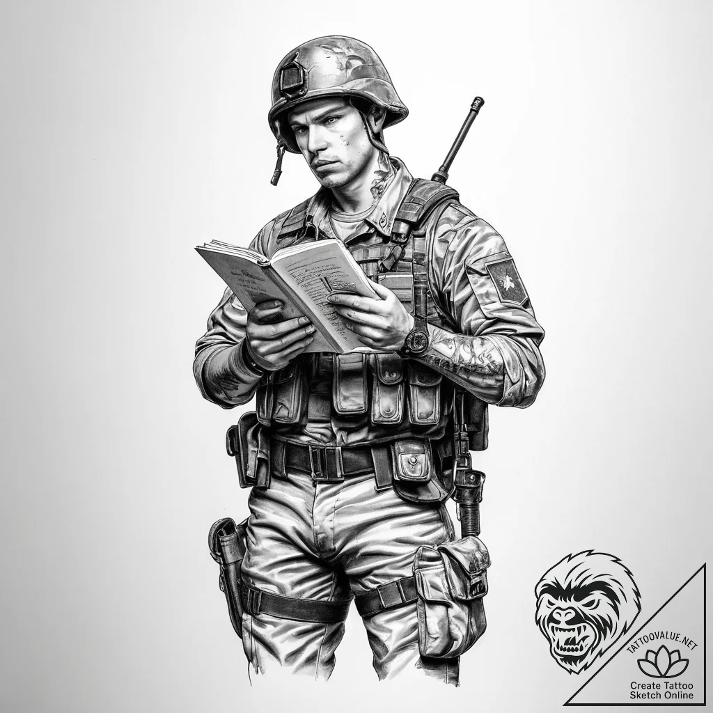 Tattoo sketch soldier with a book - tattoo sketch (№1760340320_0, 13.10.2025 07:25) — tattoovalue.net
