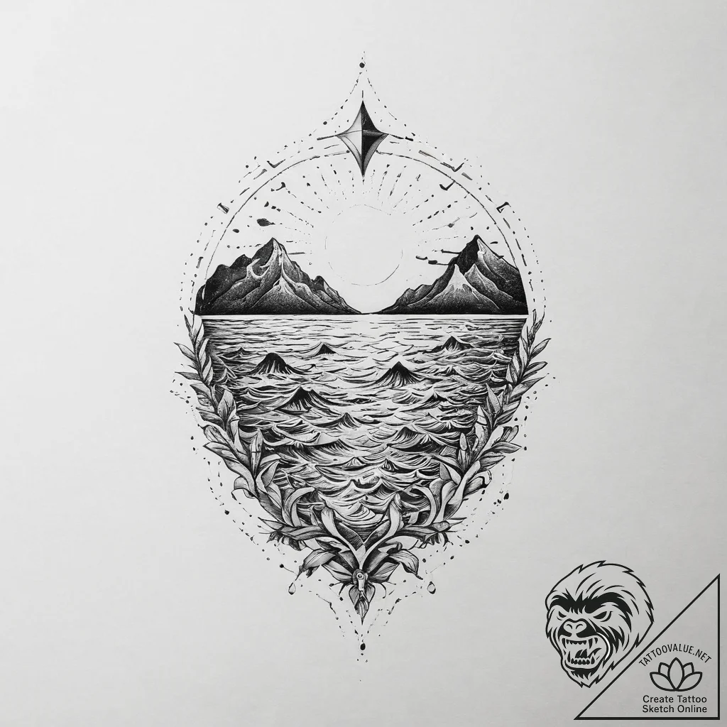 Tattoo sketch ocean, tattoo line art, dotwork... - tattoo sketch (№1760341841_0, 13.10.2025 07:50) — tattoovalue.net