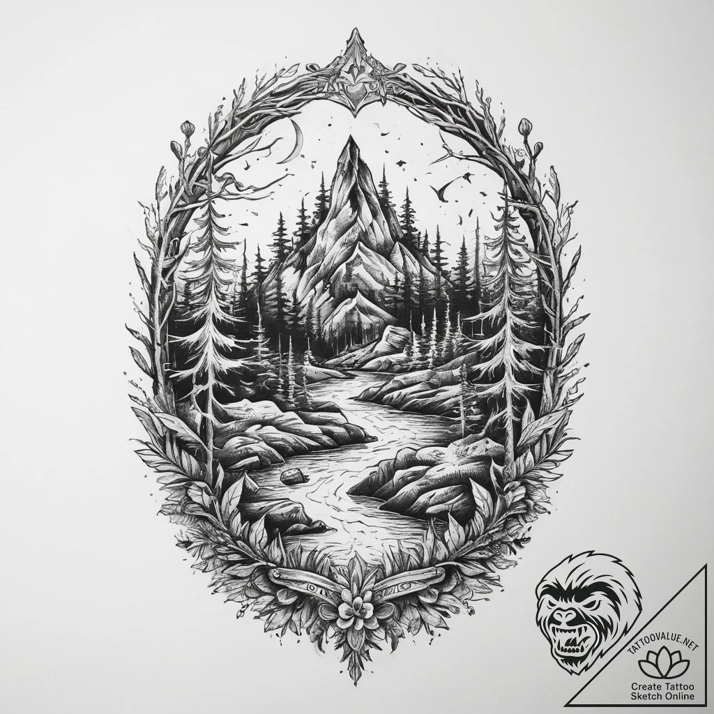 Tattoo sketch enchanted forest with a path, c... - tattoo sketch (№1760349036_0, 13.10.2025 09:50) — tattoovalue.net