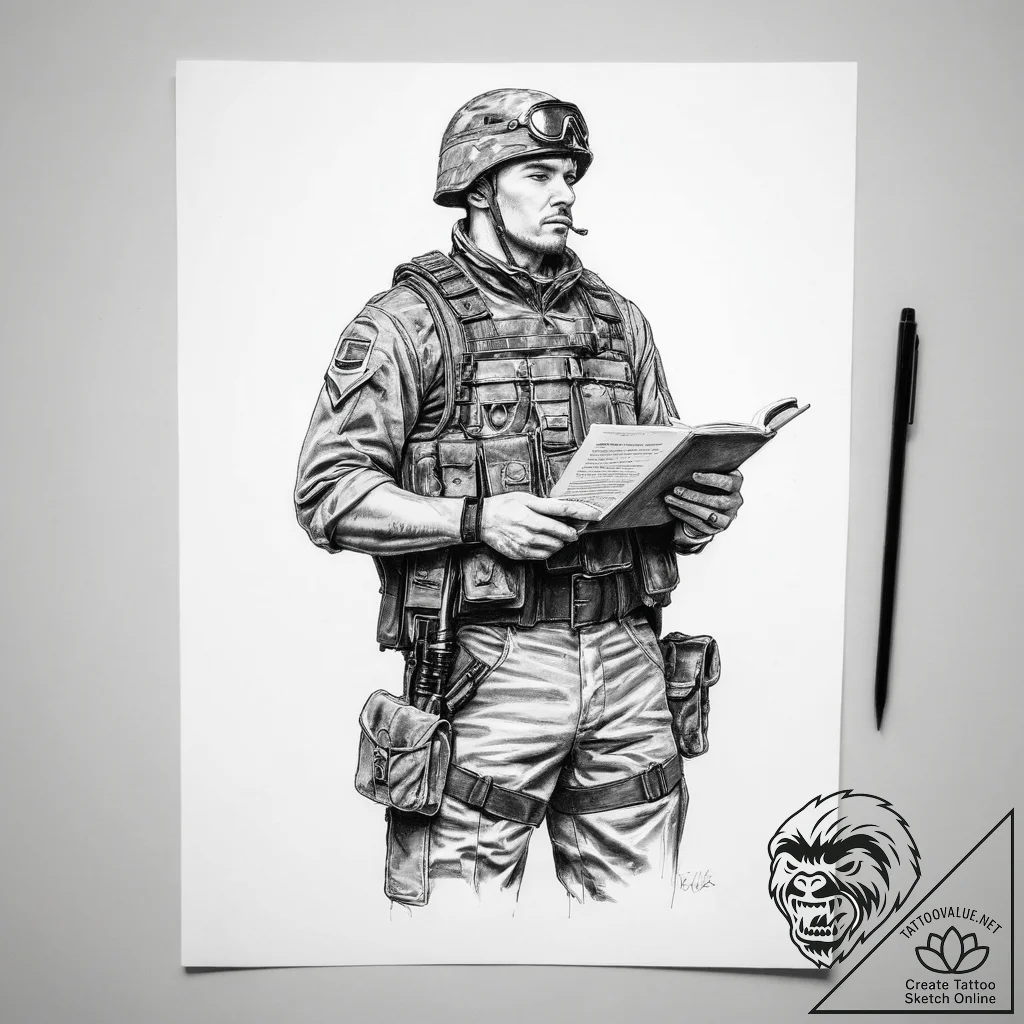 Tattoo sketch soldier with a book - tattoo sketch (№1760349473_0, 13.10.2025 09:57) — tattoovalue.net