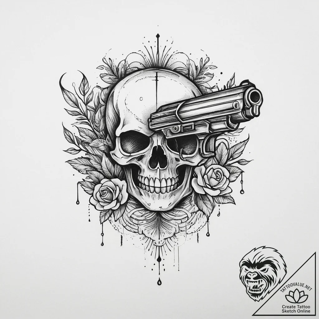 Tattoo sketch pistol with a skull, concept ar... - tattoo sketch (№1760352738_0, 13.10.2025 10:52) — tattoovalue.net