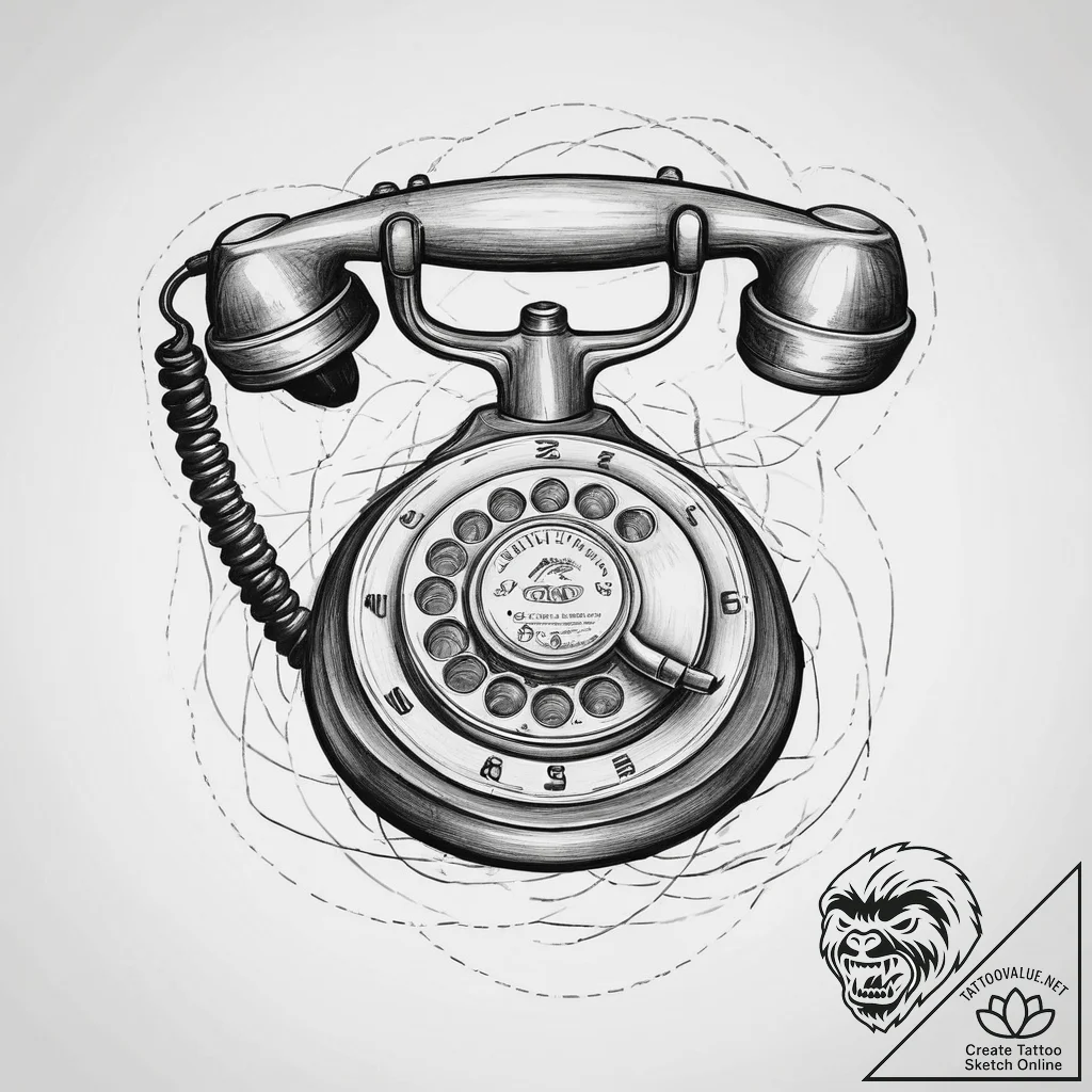 Tattoo sketch rotary phone with a cord, tatto... - tattoo sketch (№1760354907_0, 13.10.2025 11:28) — tattoovalue.net