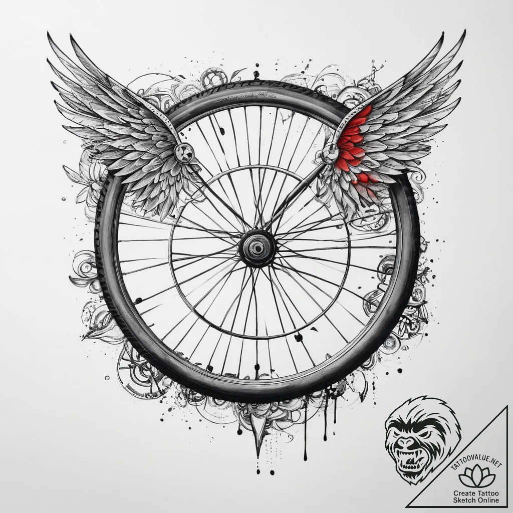 Tattoo sketch cycling bicycle wheel with wing... - tattoo sketch (№1760362500_0, 13.10.2025 13:35) — tattoovalue.net