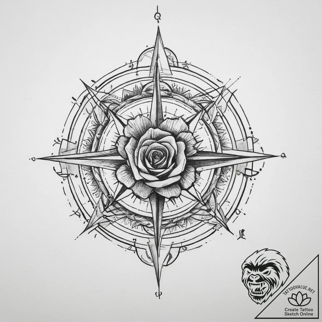 Tattoo sketch rose compass, tattoo drawing ou... - tattoo sketch (№1760366845_0, 13.10.2025 14:47) — tattoovalue.net