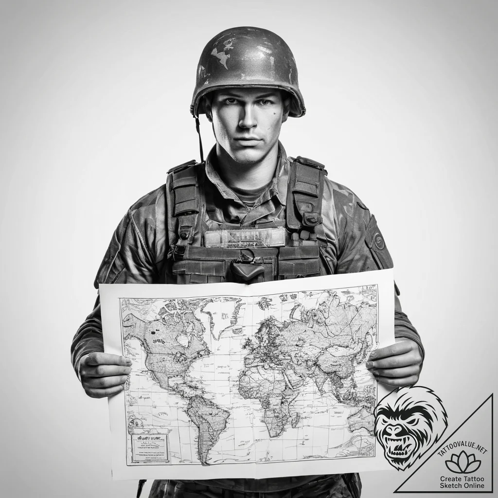 Tattoo sketch soldier with a map - tattoo sketch (№1760372284_0, 13.10.2025 16:18) — tattoovalue.net