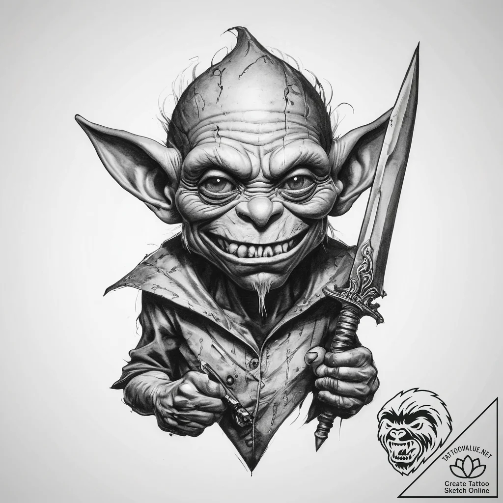 Tattoo sketch goblin with a knife - tattoo sketch (№1760385332_0, 13.10.2025 19:55) — tattoovalue.net