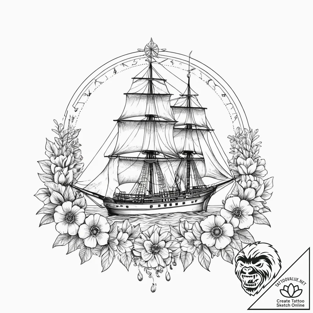 Tattoo sketch ship with a flower, tattoo flas... - tattoo sketch (№1760388387_0, 13.10.2025 20:46) — tattoovalue.net