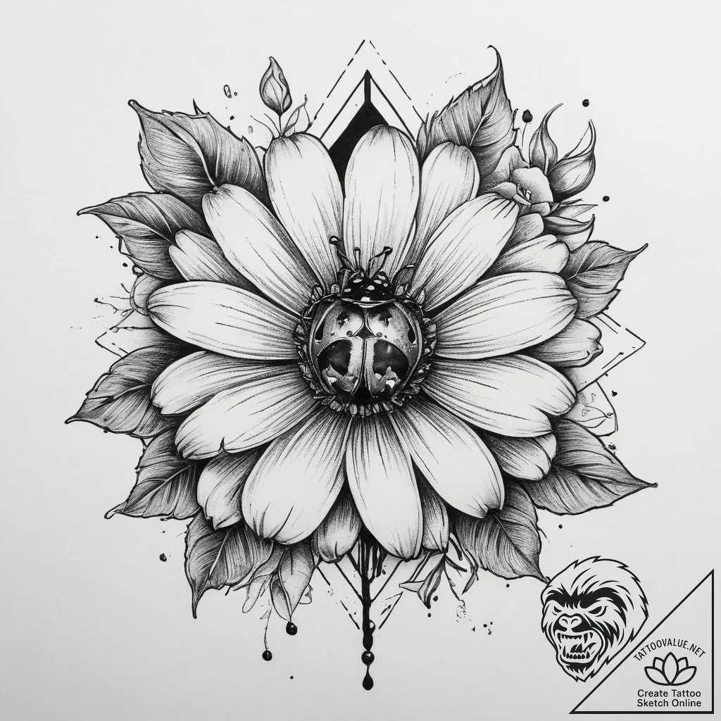 Tattoo sketch daisy with a ladybug, ink illus... - tattoo sketch (№1760399943_0, 13.10.2025 23:59) — tattoovalue.net
