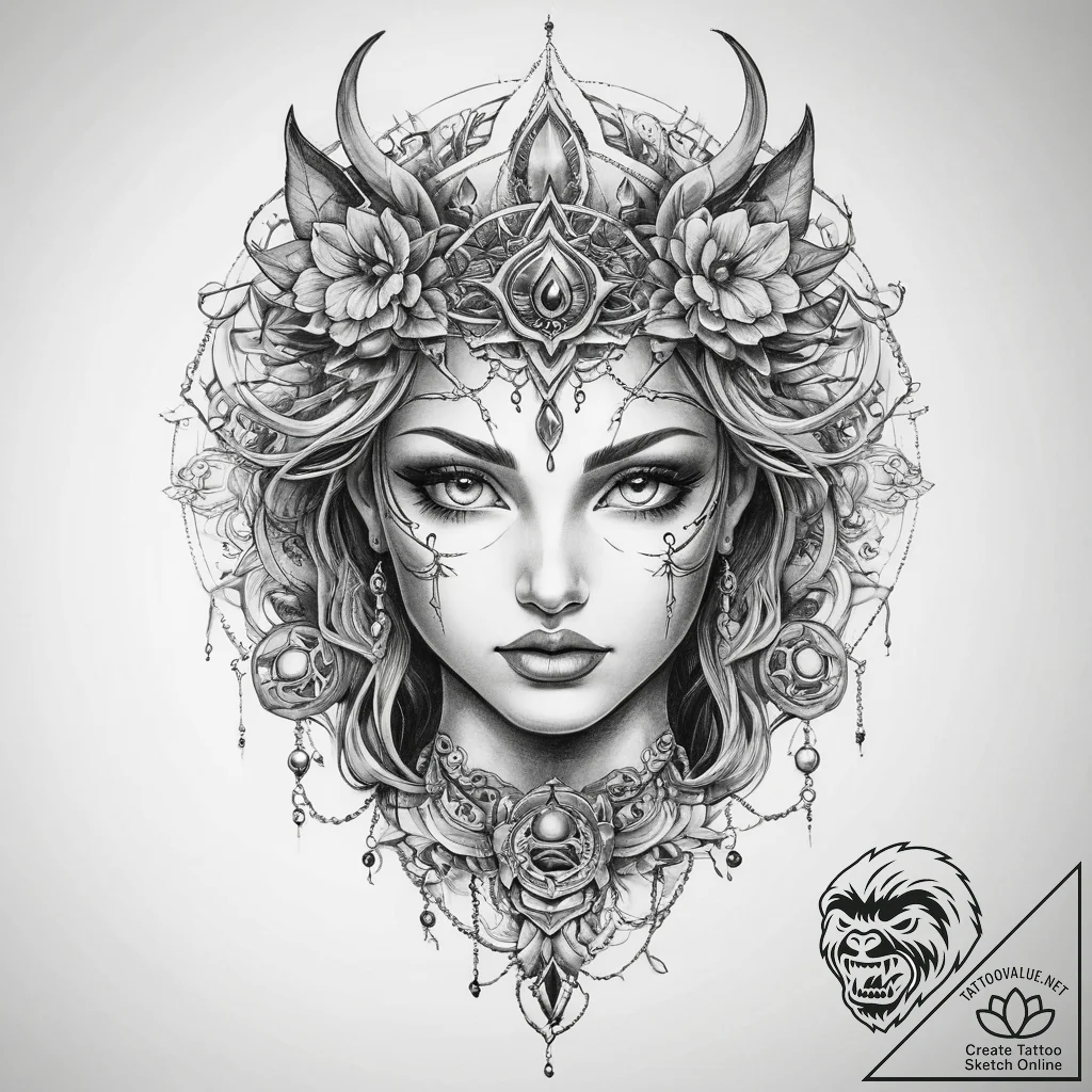 Tattoo sketch mystical portrayal - tattoo sketch (№1760404292_0, 14.10.2025 01:11) — tattoovalue.net