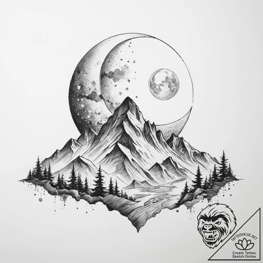 Tattoo sketch mountain with a moon - tattoo sketch (№1760406479_0, 14.10.2025 01:47) — tattoovalue.net