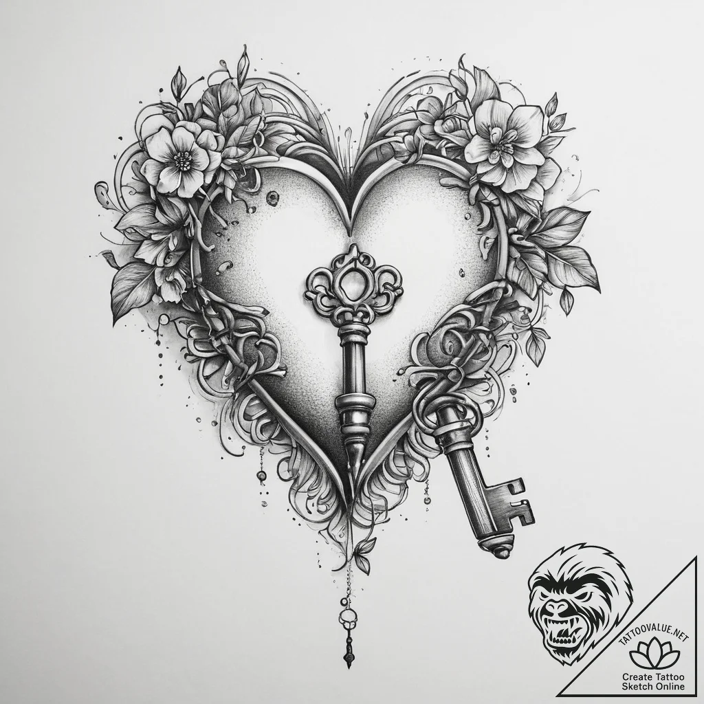Tattoo sketch heart with a key - tattoo sketch (№1760407357_0, 14.10.2025 02:02) — tattoovalue.net