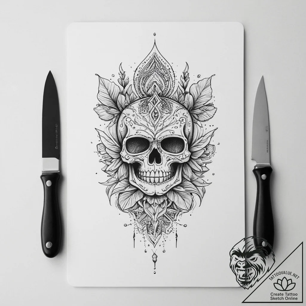 Tattoo sketch cutting board with a knife, ink... - tattoo sketch (№1760411520_0, 14.10.2025 03:12) — tattoovalue.net