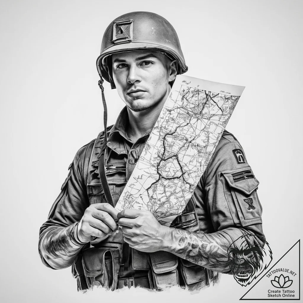 Tattoo sketch soldier with a map - tattoo sketch (№1760411739_0, 14.10.2025 03:15) — tattoovalue.net