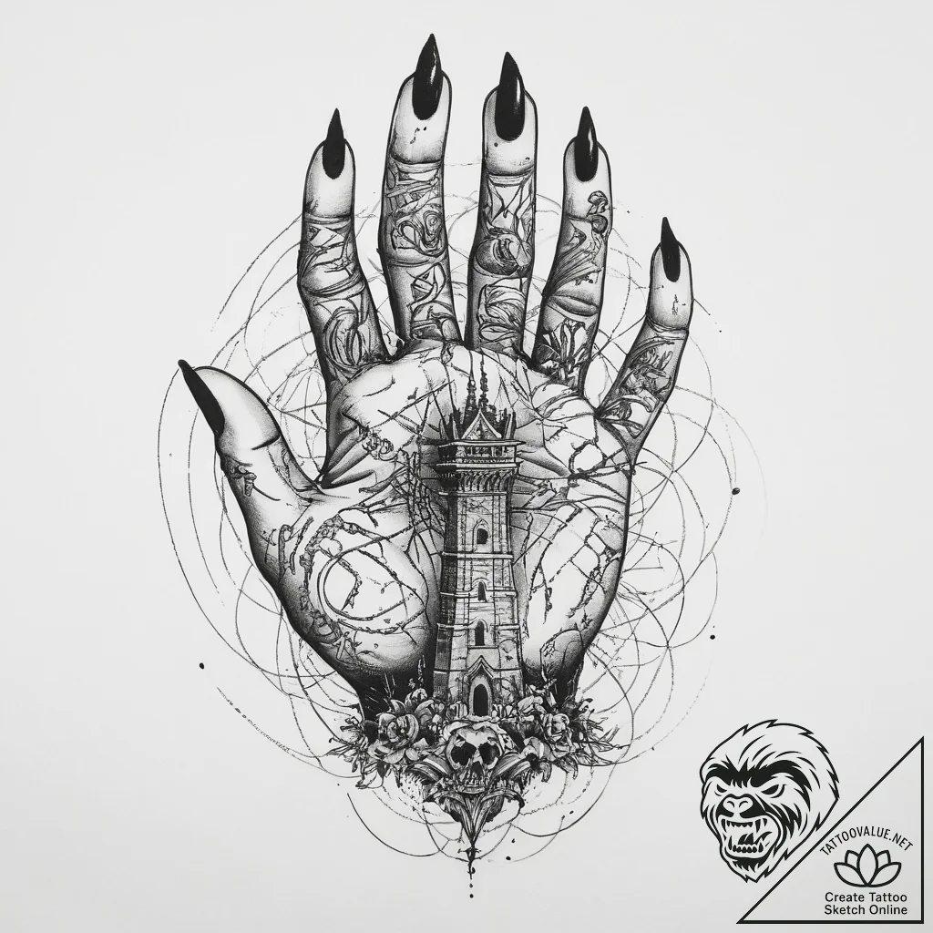Tattoo sketch hands with a monument, artistic... - tattoo sketch (№1760429469_0, 14.10.2025 08:11) — tattoovalue.net