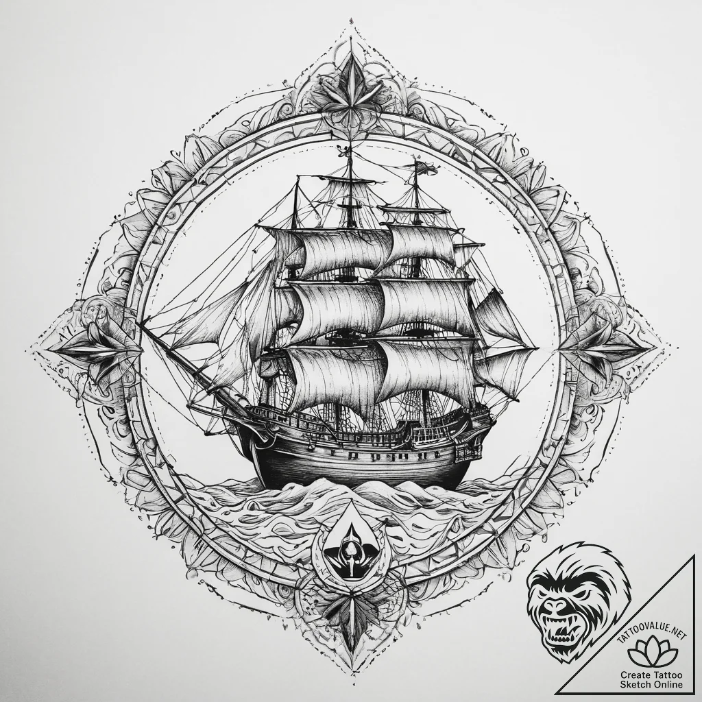 Tattoo sketch pirate ship with a jolly roger... - tattoo sketch (№1760435686_0, 14.10.2025 09:54) — tattoovalue.net