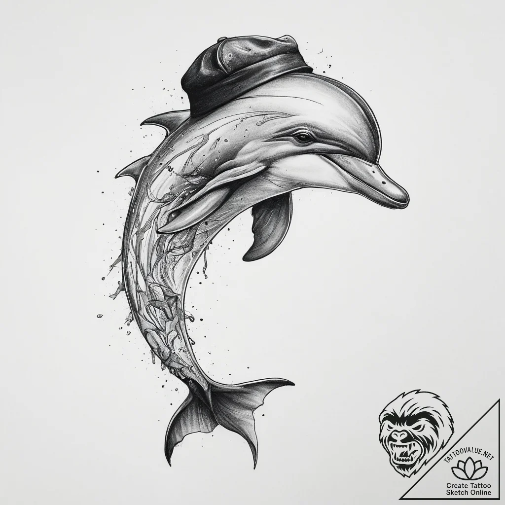 Tattoo sketch dolphin with a beret, artistic... - tattoo sketch (№1760436551_0, 14.10.2025 10:09) — tattoovalue.net