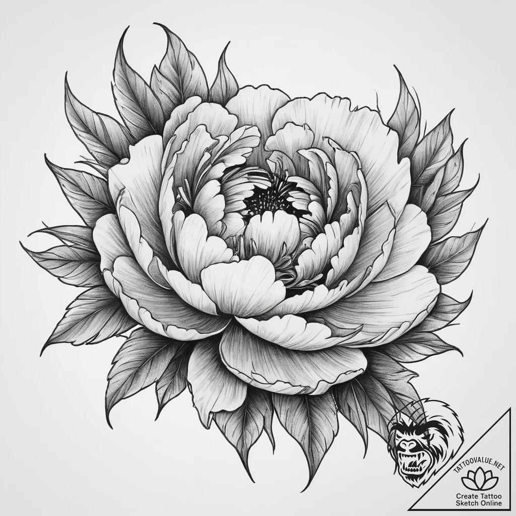 Tattoo sketch peony with a fan, tattoo flash... - tattoo sketch (№1760447209_0, 14.10.2025 13:06) — tattoovalue.net