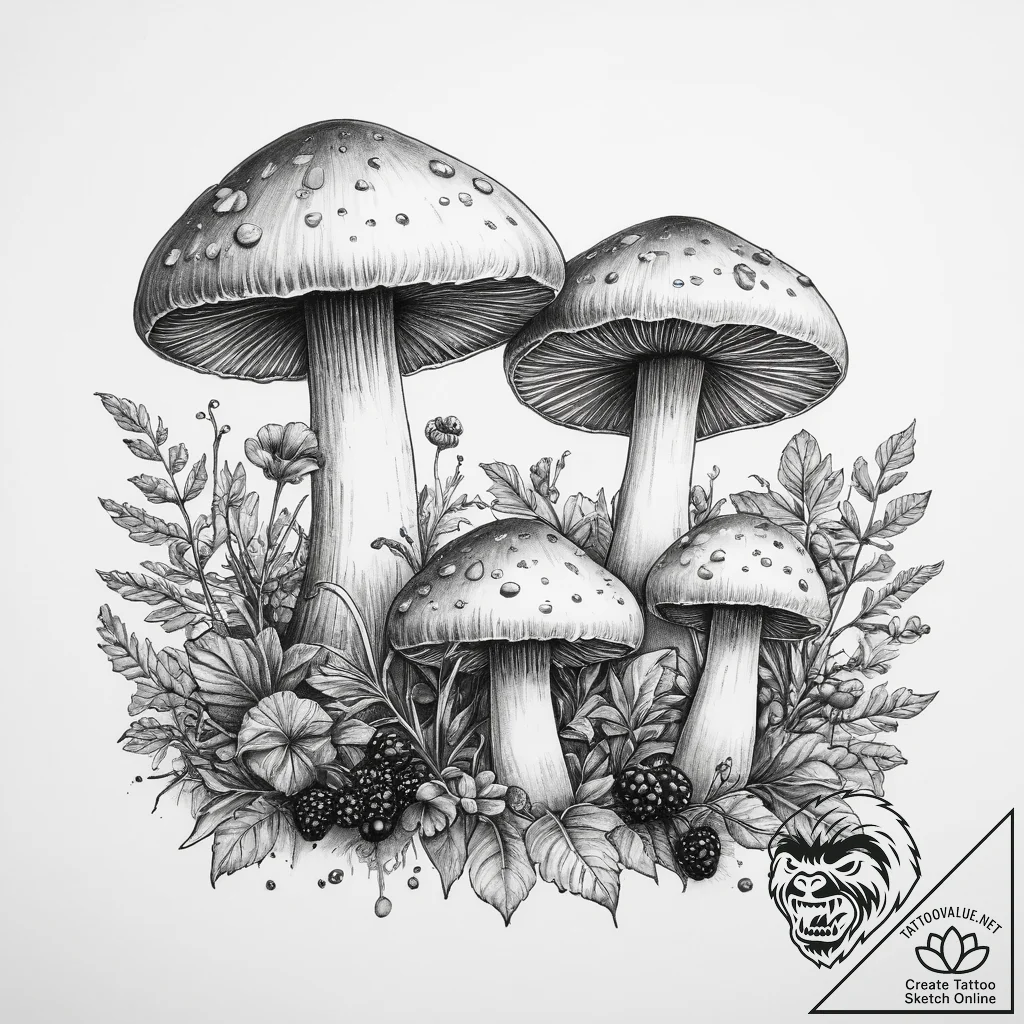 Tattoo sketch foraging mushrooms and berries - tattoo sketch (№1760453959_0, 14.10.2025 14:59) — tattoovalue.net