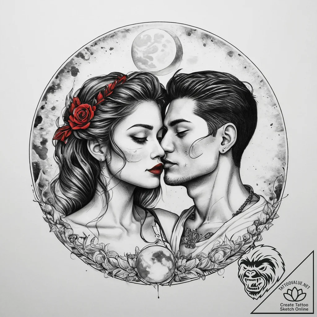 Tattoo sketch romantic full moon with a coupl... - tattoo sketch (№1760460259_0, 14.10.2025 16:44) — tattoovalue.net