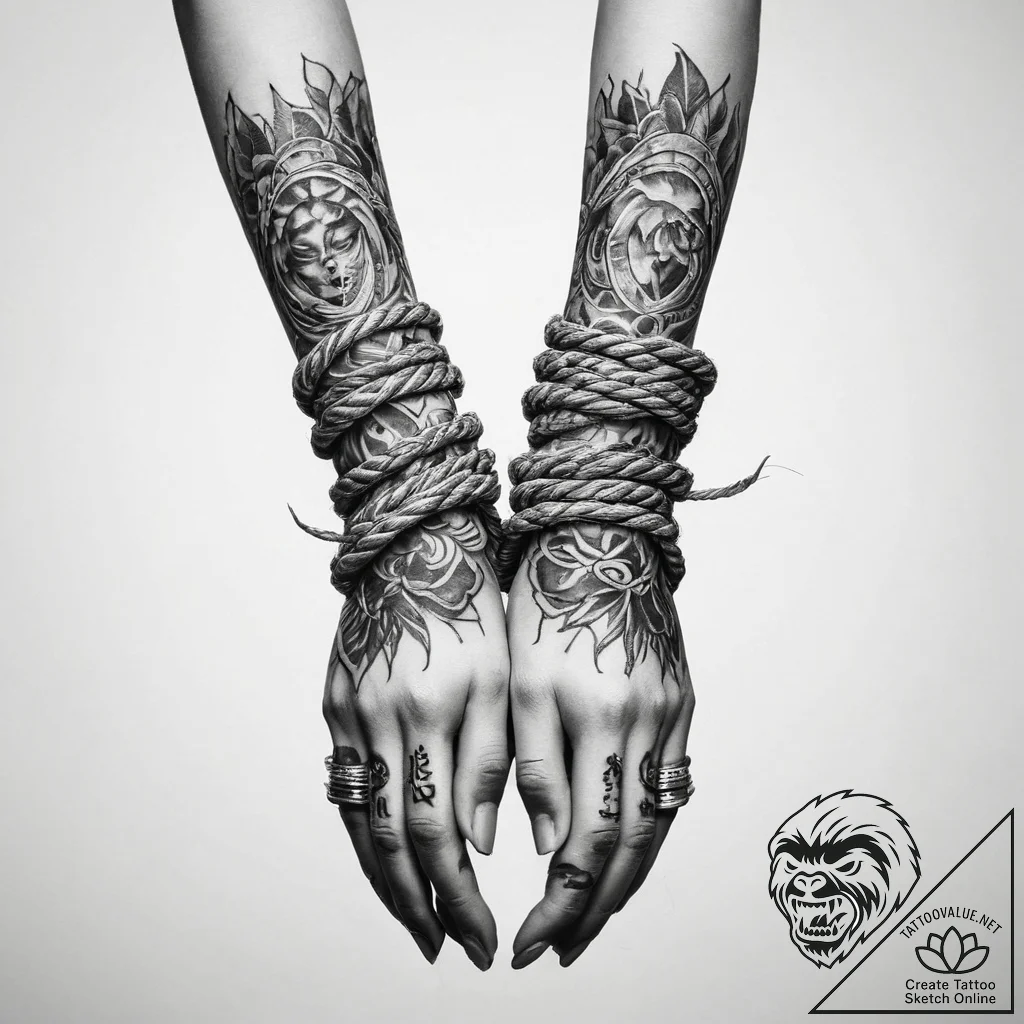 Tattoo sketch hands with a rope - tattoo sketch (№1760460475_0, 14.10.2025 16:47) — tattoovalue.net