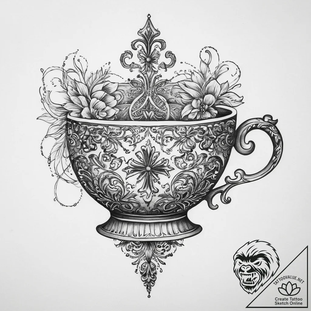 Tattoo sketch teacup tattoo, ink illustration... - tattoo sketch (№1760461795_0, 14.10.2025 17:09) — tattoovalue.net