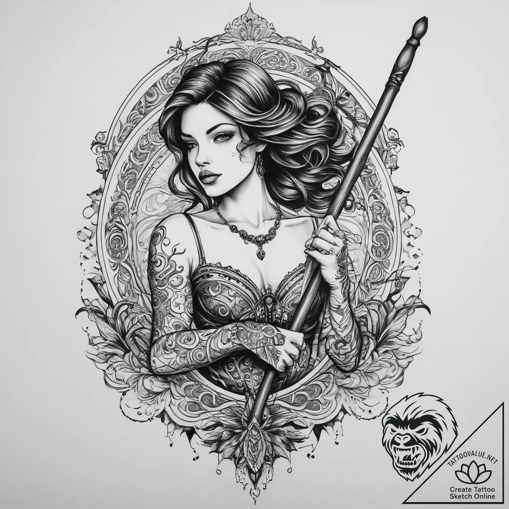 Tattoo sketch curling a person with a broom,... - tattoo sketch (№1760471785_0, 14.10.2025 19:56) — tattoovalue.net
