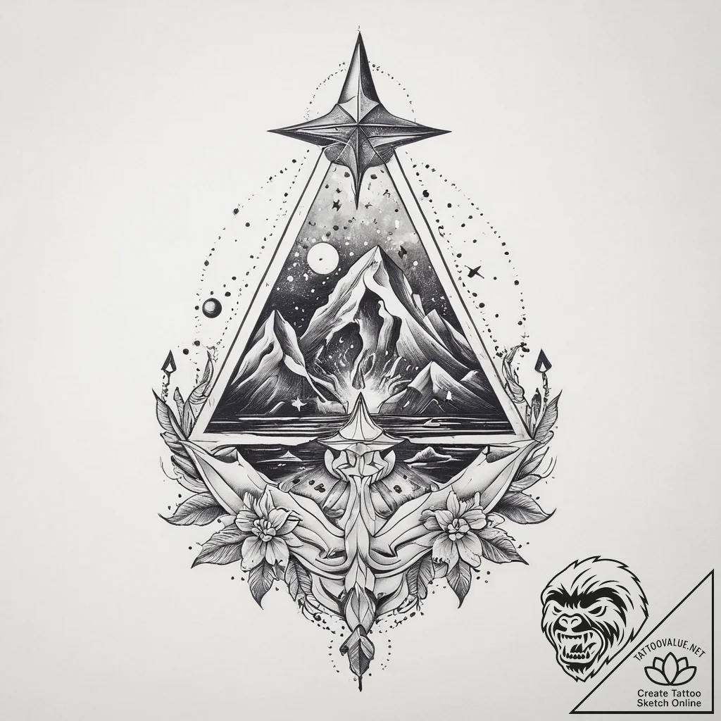 Tattoo sketch cosmic mountain, tattoo flash s... - tattoo sketch (№1760473092_0, 14.10.2025 20:18) — tattoovalue.net
